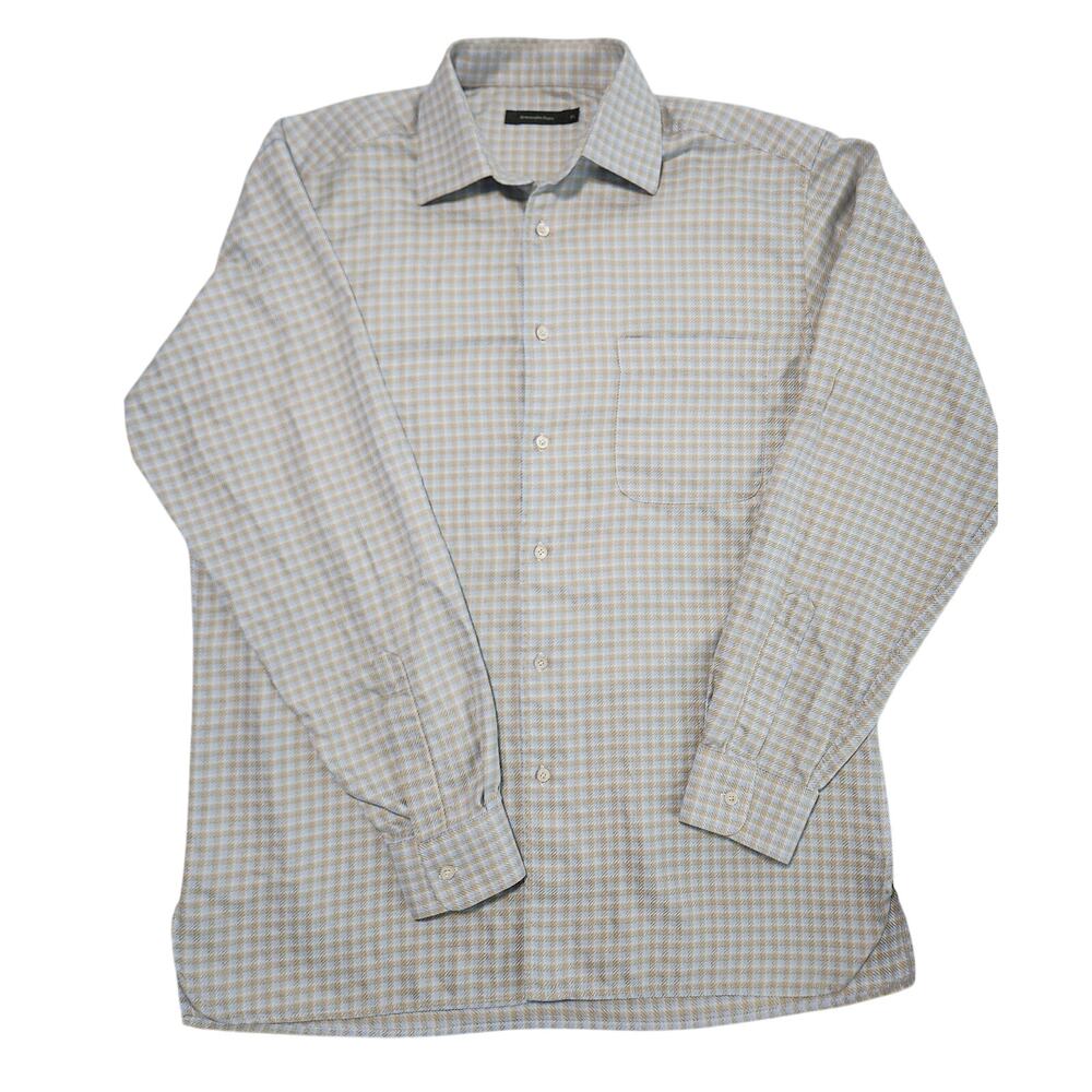 Ermenegildo Zegna Men’s XL Dress Shirt – White Blue Yellow Check 100% Cotton